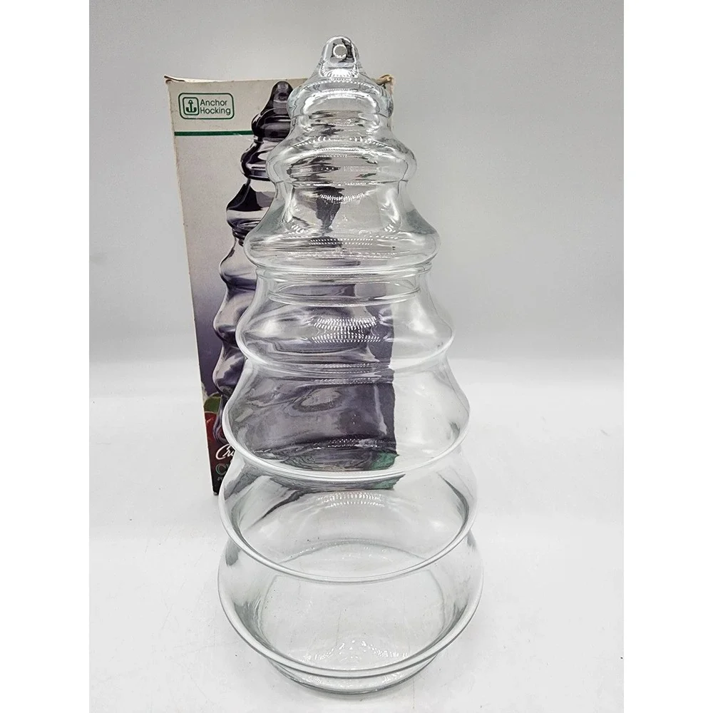 Anchor Hocking Crystal Christmas Tree Glass Apothecary Candy Jar w/ Lid Vintage
